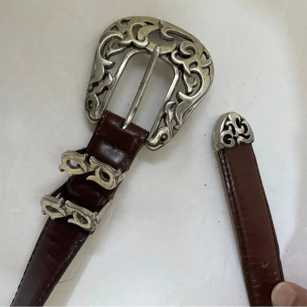 BARSE SANTA ROSE BROWN LEATHER BELT WITH‎ ORNATE SILVER BUCKLE